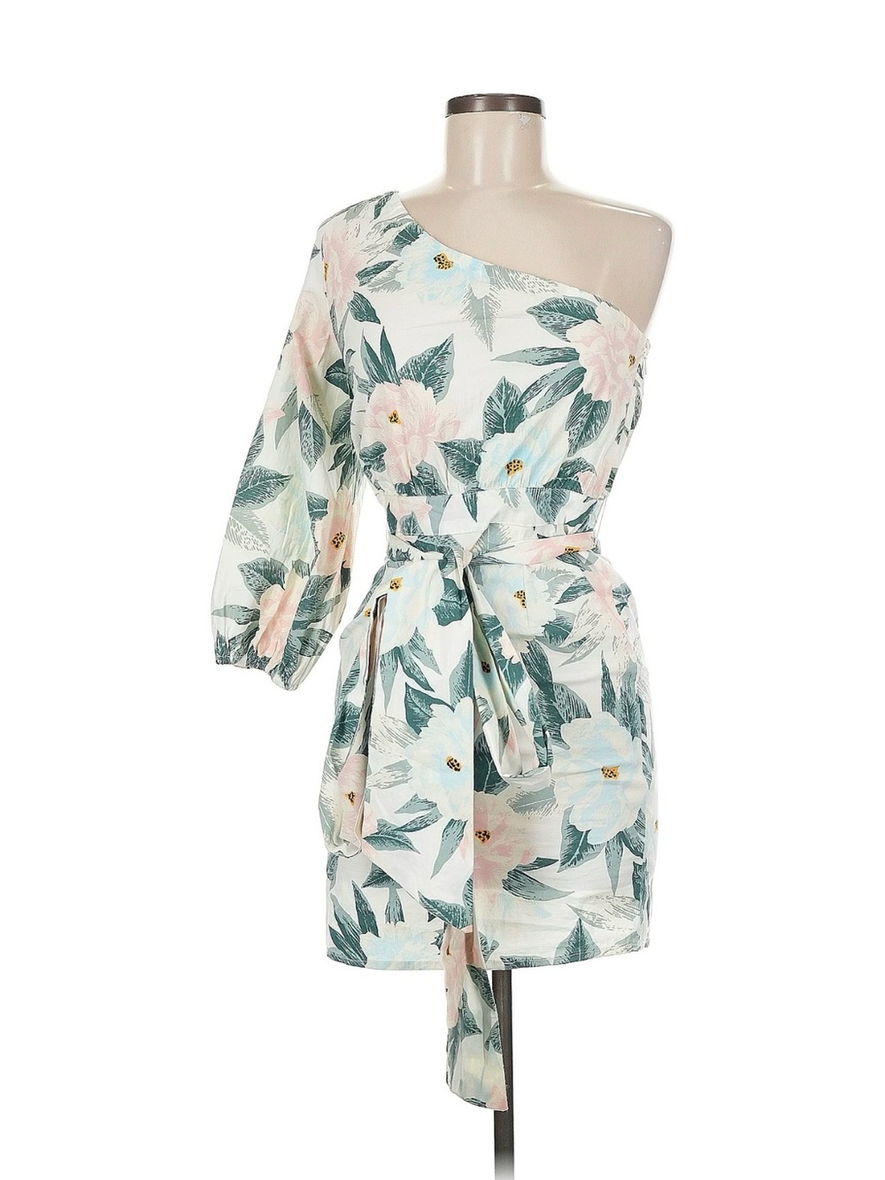 Billabong One-Shoulder Floral Mini Dress in Mint & Pink